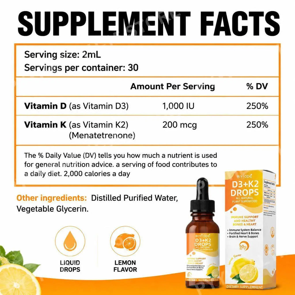 BIYODE Vitamin D3 K2 Liquid Drops 1000 IU Lemon 60ml Vitamin D3 K2 Drops Qst