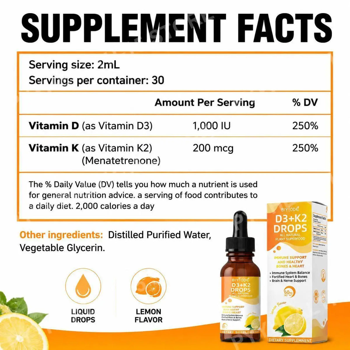 BIYODE Vitamin D3 K2 Liquid Drops 1000 IU Lemon 60ml Vitamin D3 K2 Drops Qst