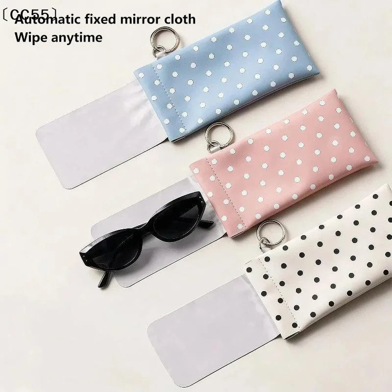 Polka Dot PU Leather Glasses Case with Keyring Clip Eyeglass Case Qst