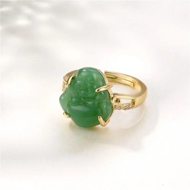 Maitreya Buddha Natural Jade Ring – Adjustable Unisex Natural Stone Ring Qme