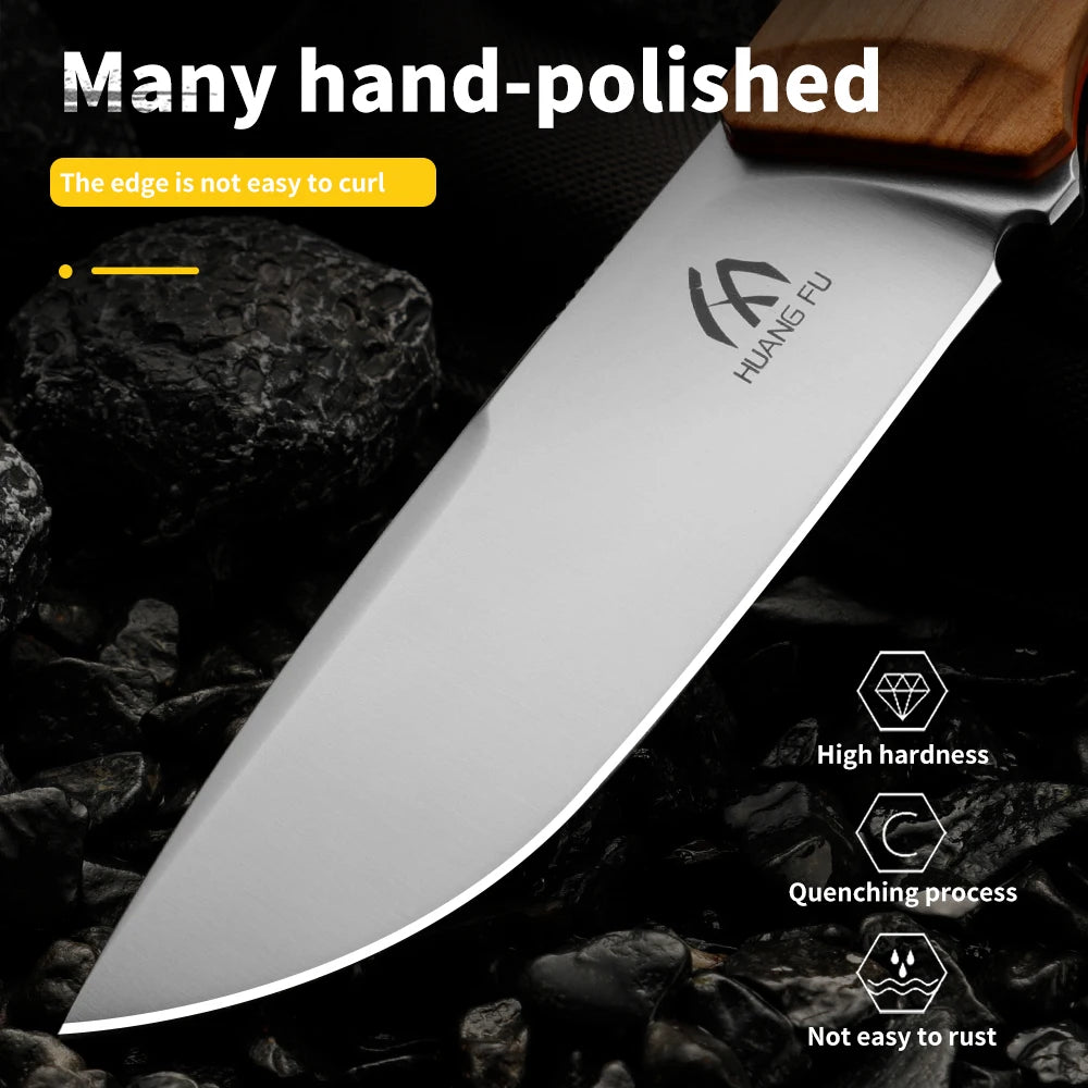 HUANGFU Fixed Blade Camping Knife – Steel & Wood Handle + Sheath Fixed Blade Knife Qst