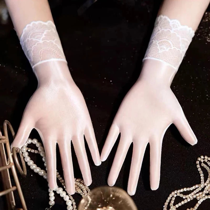 Women's Oil Glossy Ultra-Thin Elastic Wrist Gloves Fashion Wrist Gloves Qst white lace trim