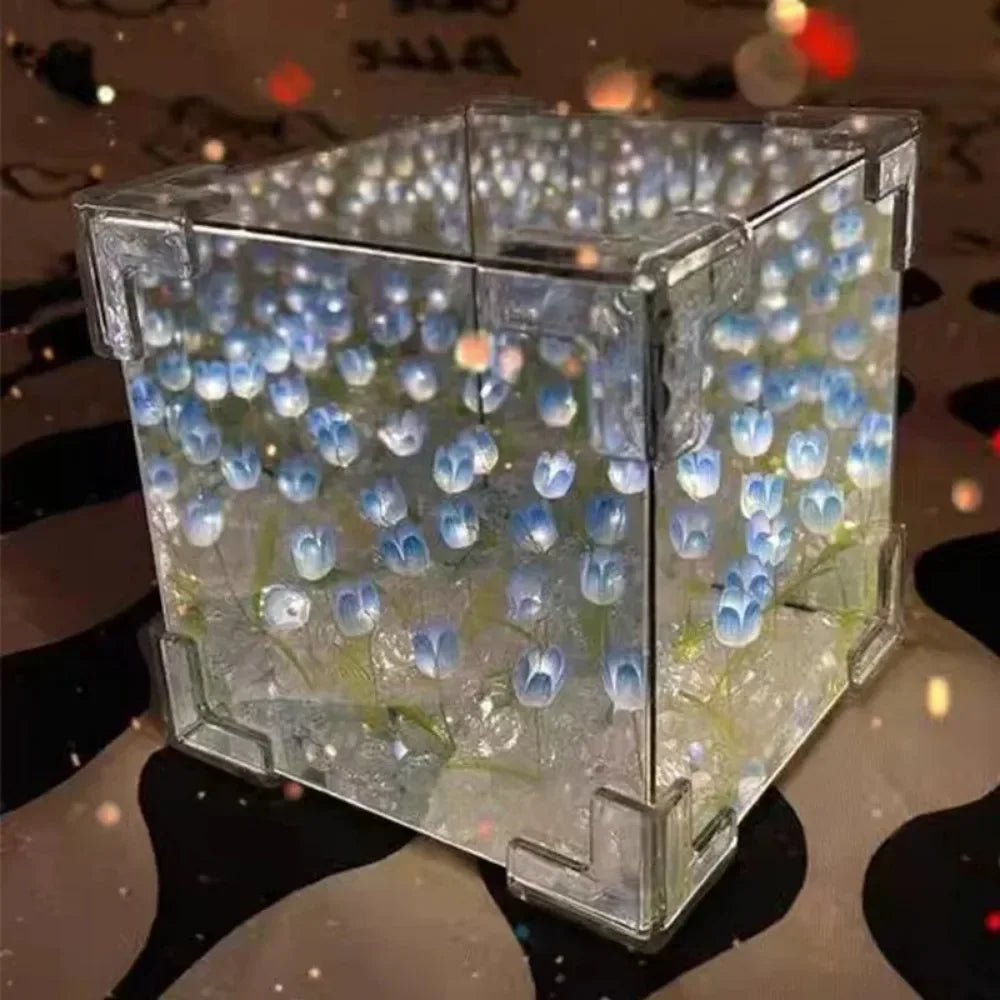 DIY Tulip Flower Cube 3D Glass Night Lamp – 4 Colors DIY Decorative Lamp Qme