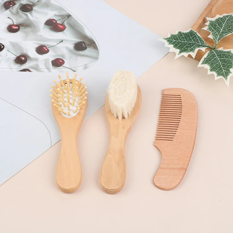 Soft Baby Hair Brush & Comb Set – Wooden Handle Newborn Baby Grooming Set Qst