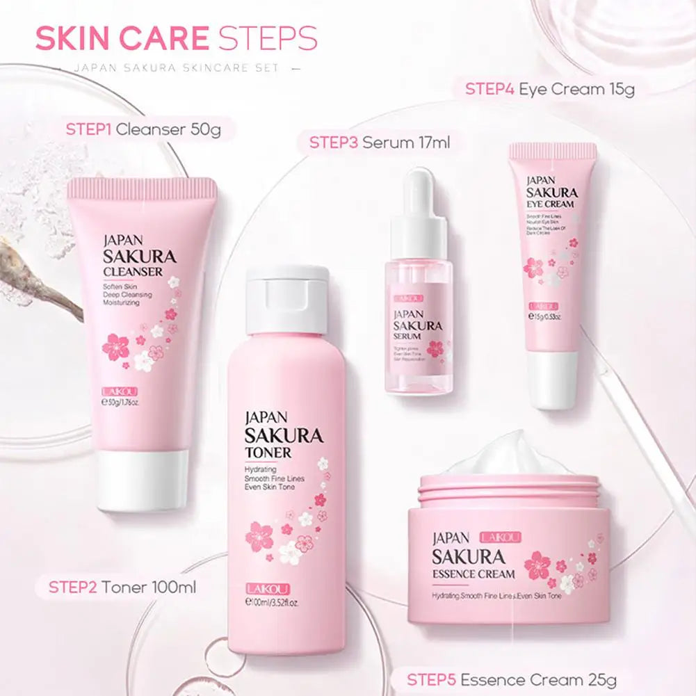 5-Piece Sakura Skin Care Set – Cleanser, Serum, Toner & Cream Skin Care Set Qme