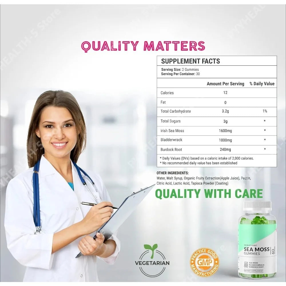 Irish Sea Moss Gummies – Vegan Immune & Gut Wellness 60ct Sea Moss Supplement Qst
