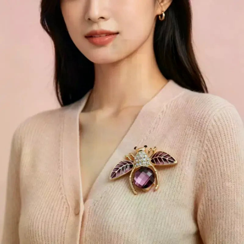 Rose Gold Purple Crystal Bee Brooch – Rhinestone Enamel Wings Fashion Brooch Pin Qme