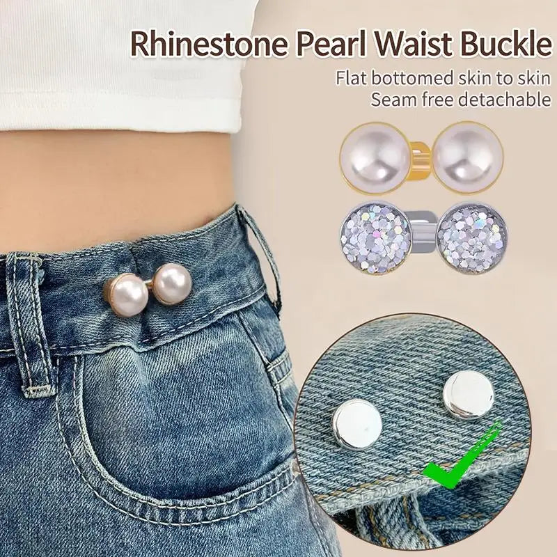 Rhinestone Pearl Adjustable Jean Waist Buckle Buttons – 4 Colors Waist Buckle Clip Qme