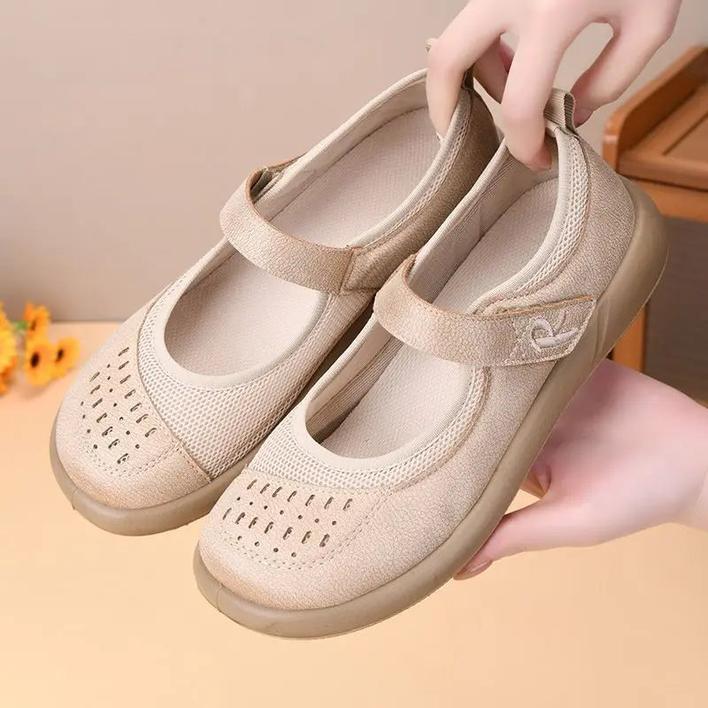 Women's Mary Jane Flats – Breathable Mesh Adjustable Strap Mary Jane Flats Qst Beige 41