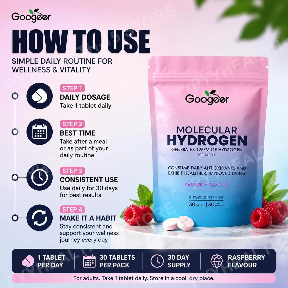 Molecular Hydrogen Water Tablets 12PPM Raspberry – 30 Ct Hydrogen Water Tablets Qst