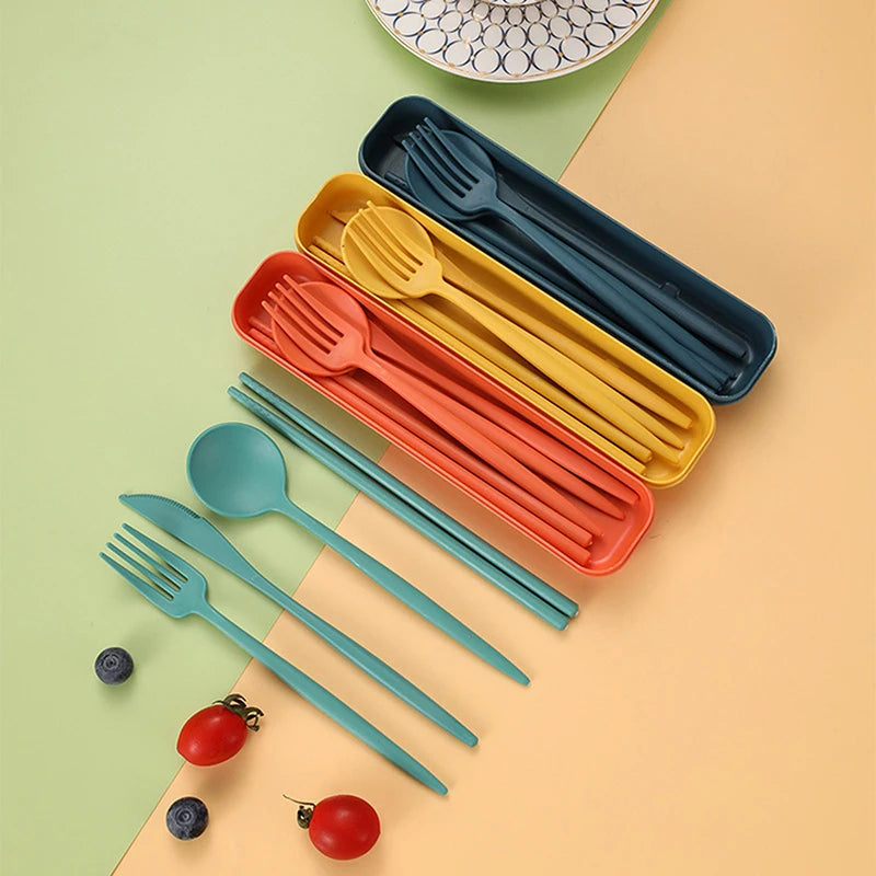 4-Piece Reusable Wheat Straw Cutlery Set with Carry Box Portable Cutlery Set Qst