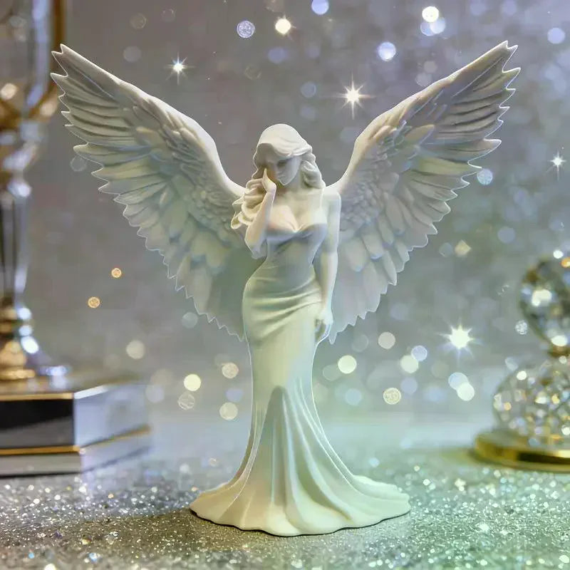 3D Printed Praying Angel Guardian Figurine – White & Gold Decorative Figurine Qme