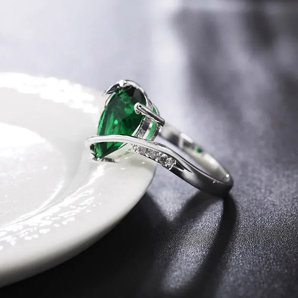 925 Sterling Silver Green Crystal Water Drop Charm Ring Crystal Charm Ring Qme