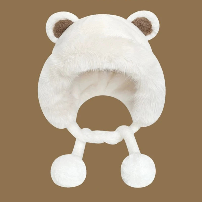 Women's Winter Plush Bear Ear Bucket Hat – Fluffy & Warm Winter Plush Hat Qst White