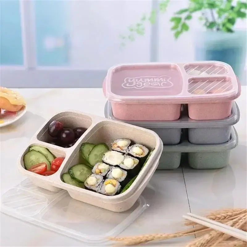 Wheat Straw Lunch Box 3-Grid Microwave Safe | Portable Lunch Box Qme