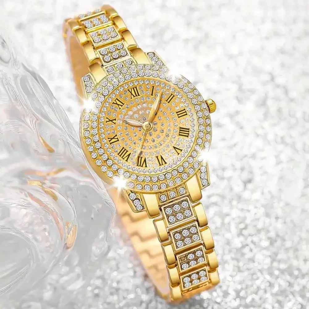 Women's Luxury Rhinestone Watch | Roman Numerals Round Dial Bracelet Watch Qme