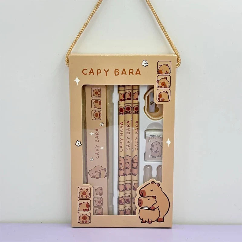 Capybara Cartoon Stationery Set – Pencil, Ruler, Eraser & Sharpener Kids Stationery Set Qme