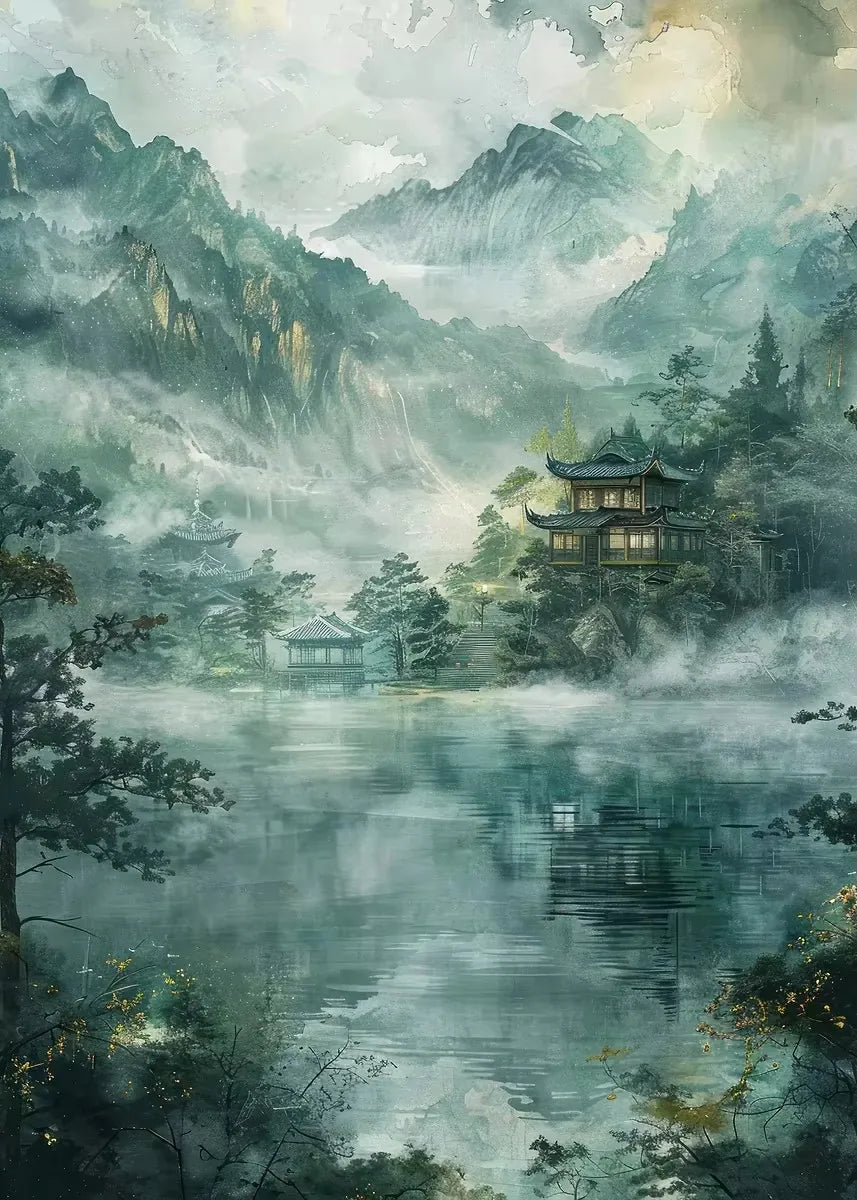 Watercolor Landscape Canvas Print – Mountain Forest Lake Wall Art Canvas Wall Art Qst SKU-09 50x70cm Unframed