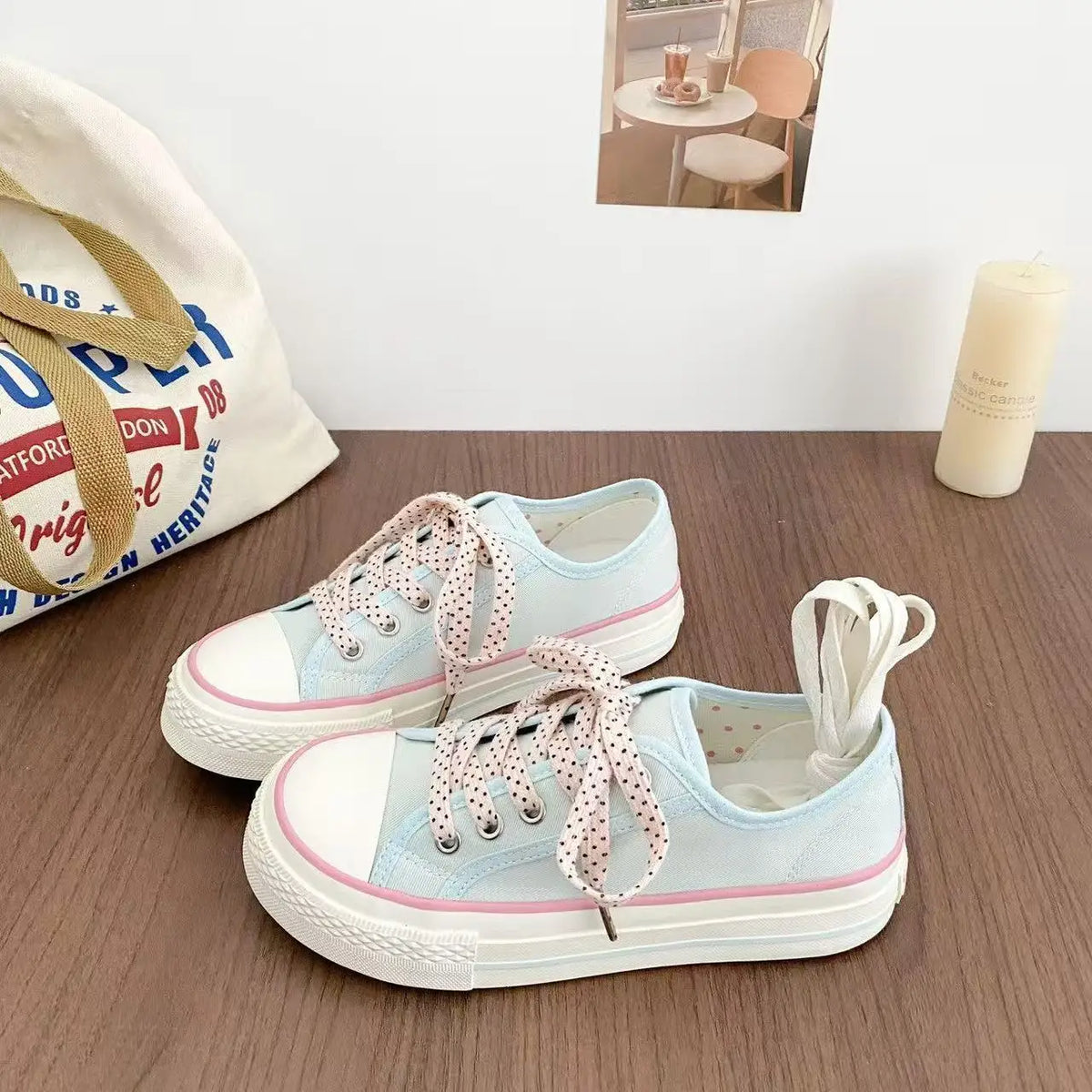 Women's Pink Canvas Sneakers – Polka Dot Laces, Low Top Canvas Sneakers Qst
