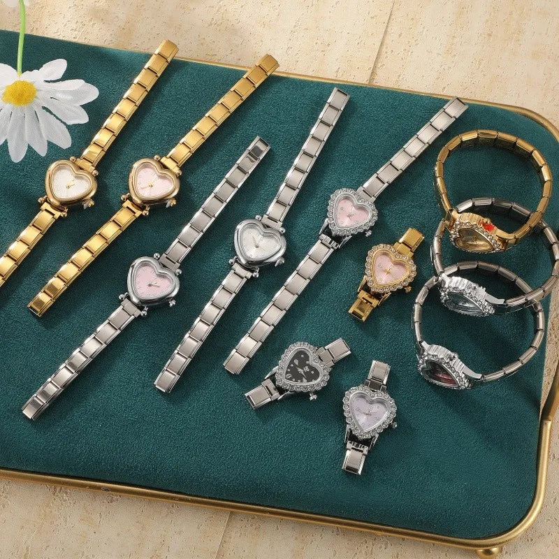 Heart Shape CZ Watch Bracelet | Stainless Steel Arabic Numerals CZ Bangle Watch Qme