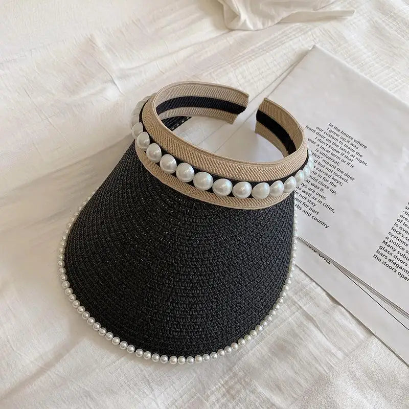 Women's Pearl Raffia Straw Beach Hat – Open Top Sun Hat Straw Sun Hat Qst Black one size