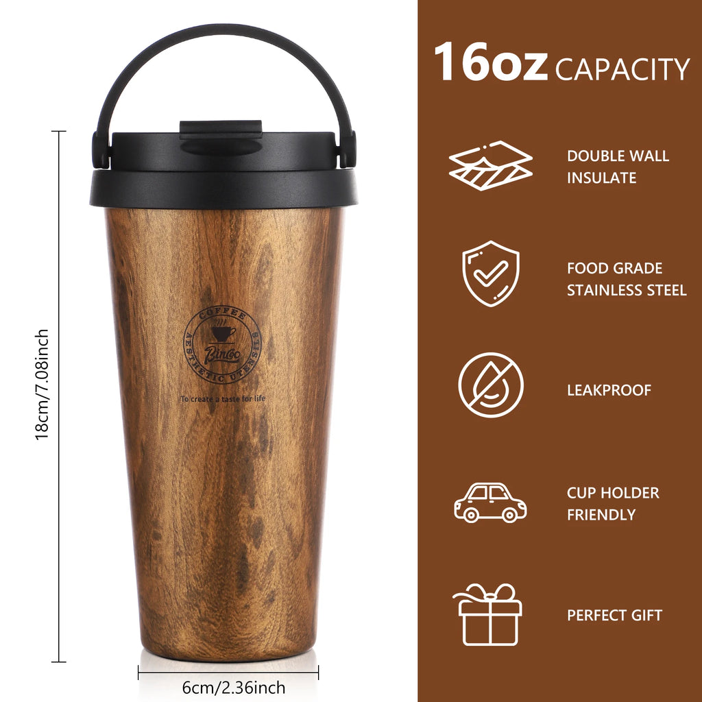 Bincoo 500ml Retro Woodgrain Travel Mug – Insulated Thermos Travel Mug Thermos Qst