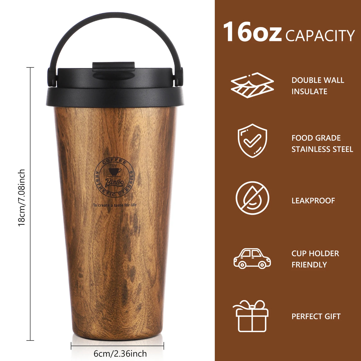 Bincoo 500ml Retro Woodgrain Travel Mug – Insulated Thermos Travel Mug Thermos Qst