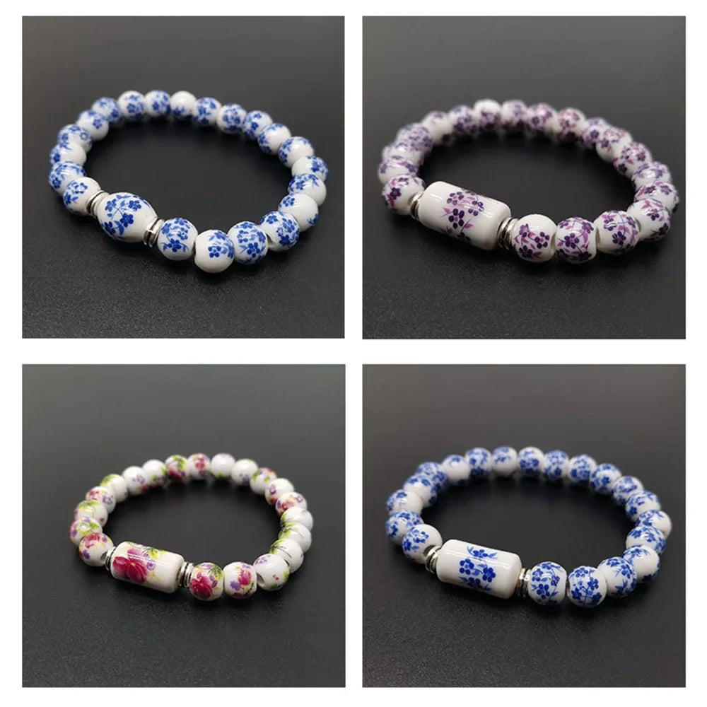 Blue White Porcelain Ceramic Stretch Bead Bracelet | Floral Ceramic Bead Bracelet Qme
