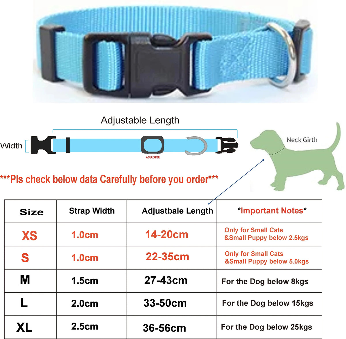 Adjustable Nylon Pet Collar for Puppies, Kittens & Small Dogs Pet Collar Qme Sky Blue S 1.0 22-35 cm