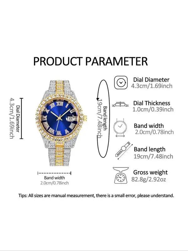 Stainless Steel Watch Roman Numerals Cuban Link Bracelet Set Watch & Jewelry Set Qme