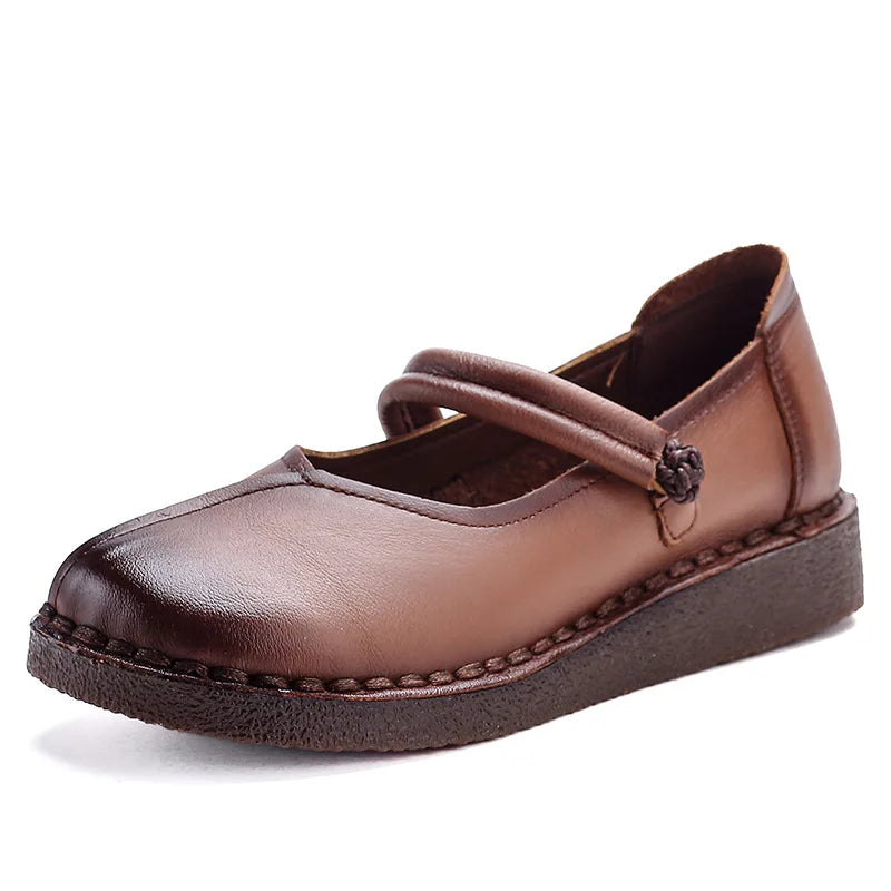 Women's Wide Toe Genuine Leather Strappy Flat Shoes | Mary Jane Leather Flat Shoes Qst 8823 Brown 36 China Mainland