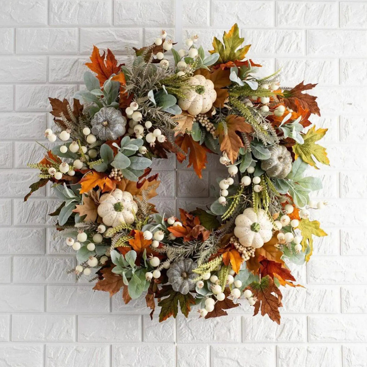 Halloween Harvest Wreath – Maple Leaves & Pumpkin | 18" Decor Seasonal Wreath Qme