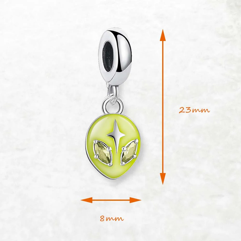 Alien Head Dangle Charm Pendant | 925 Sterling Silver, 10 Colors Charm Pendant Necklace Qme
