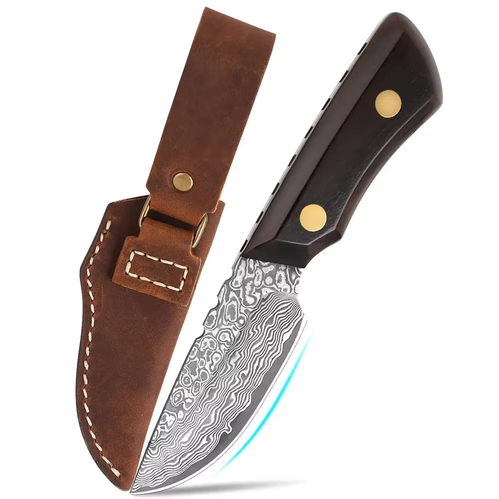 XITUO Damascus Steel Paring Knife with Cowhide Sheath Fixed Blade Knife Qst DMOUT007-T