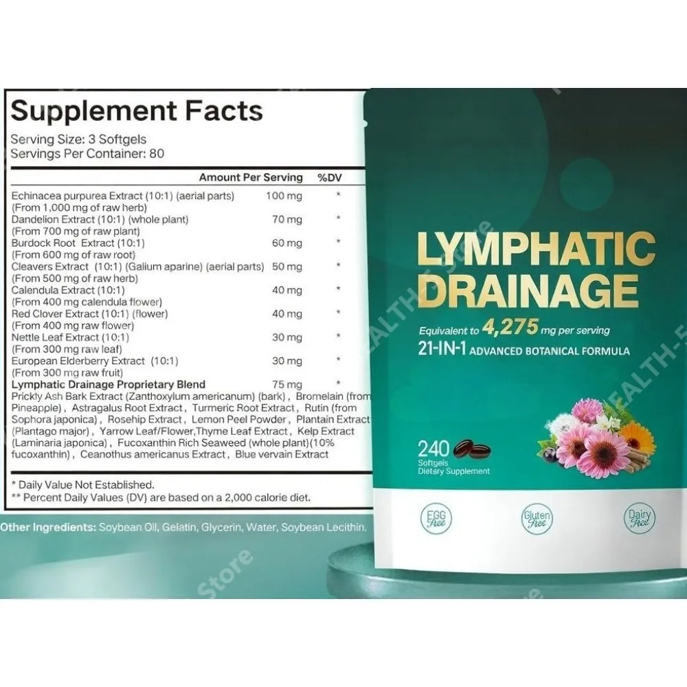 21-in-1 Lymphatic Support Softgels 4275mg Herbal Blend 240ct Herbal Supplement Qst