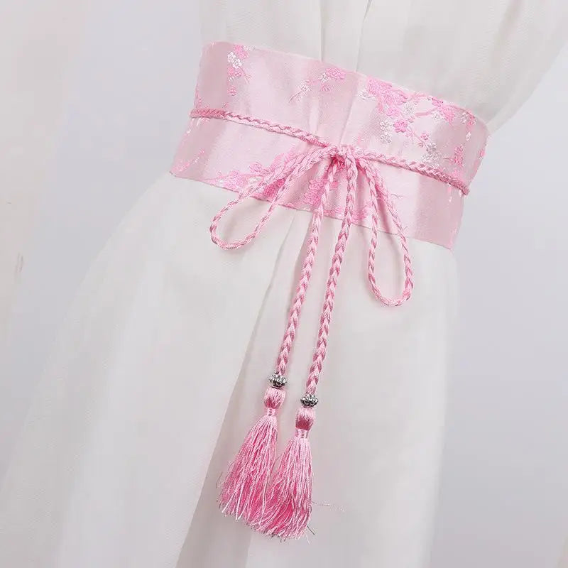 Vintage Floral Embroidered Wrap Belt – Bow Tie Tassel Sash Embroidered Wrap Belt Qst D