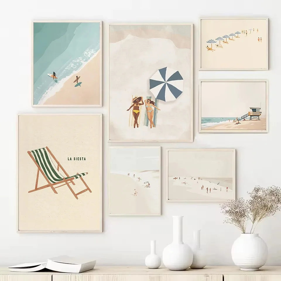 Retro Minimalist Beach Canvas Wall Art – Surf & Swim Poster Canvas Wall Art Qst