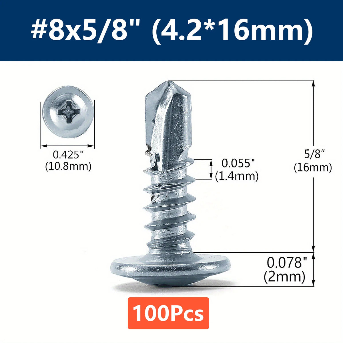 #8 Phillips Truss Head Self-Drilling Tek Screws | Zinc Sheet Metal Self-Drilling Screws Qme 100pcs 16mm