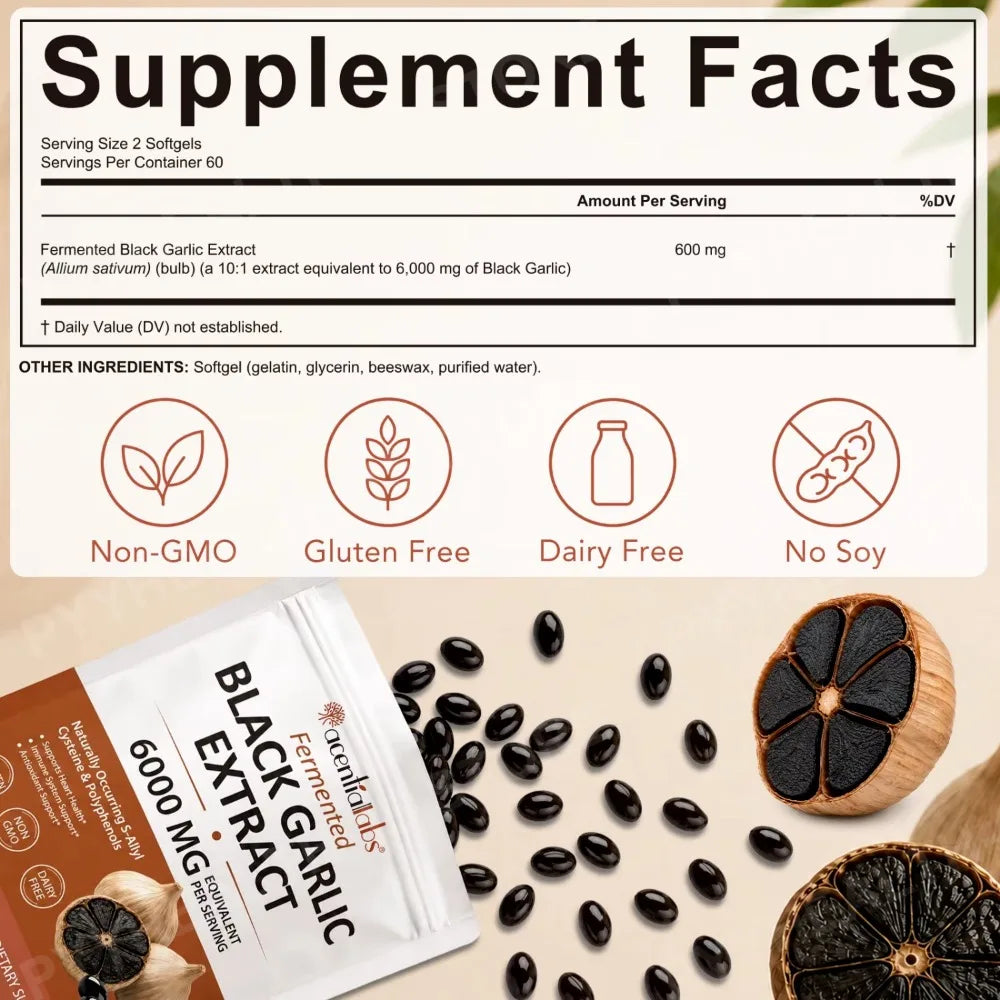 Black Garlic Extract Softgels 600mg 10:1 – 120 Count Herbal Supplement Qst
