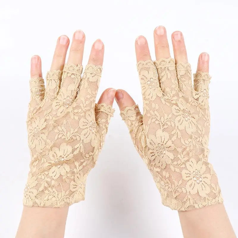 Women's Fingerless Lace Gloves – Breathable Fishnet Half Finger Fingerless Lace Gloves Qst Nude