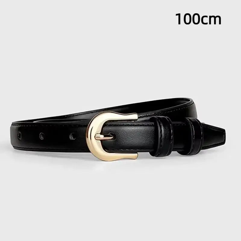 Women's 2cm PU Leather Belt – Western Metal Buckle Slim Fashion Belt Qst Black1