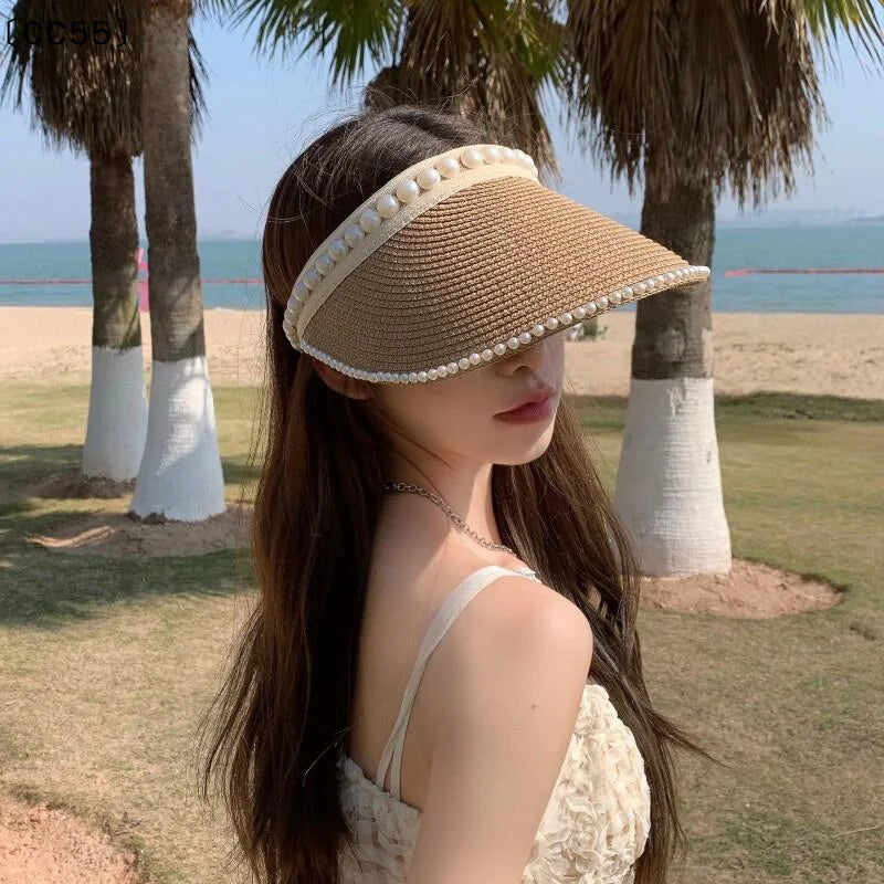 Women's Pearl Raffia Straw Beach Hat – Open Top Sun Hat Straw Sun Hat Qst