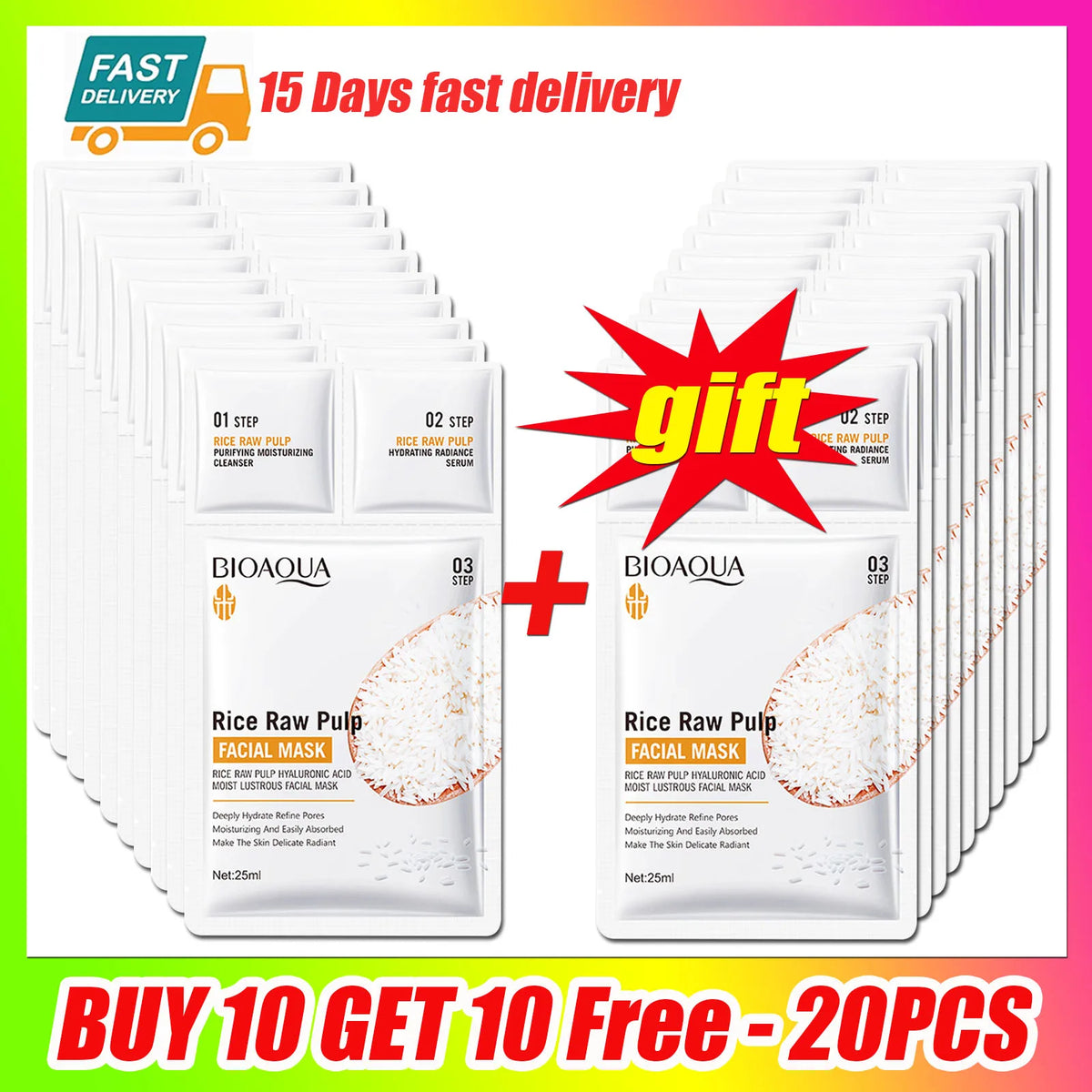 White Rice Face Mask Set – Brightening & Moisturizing Face Mask Set Qst 20pcs