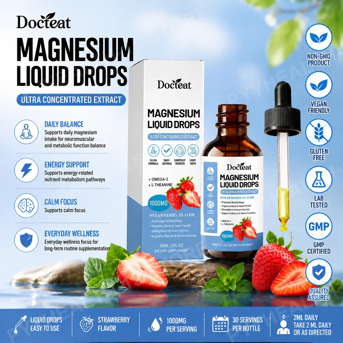 Docteat Magnesium Liquid Drops – Omega-3 ALA & L-Theanine 60mL Liquid Supplement Drops Qst