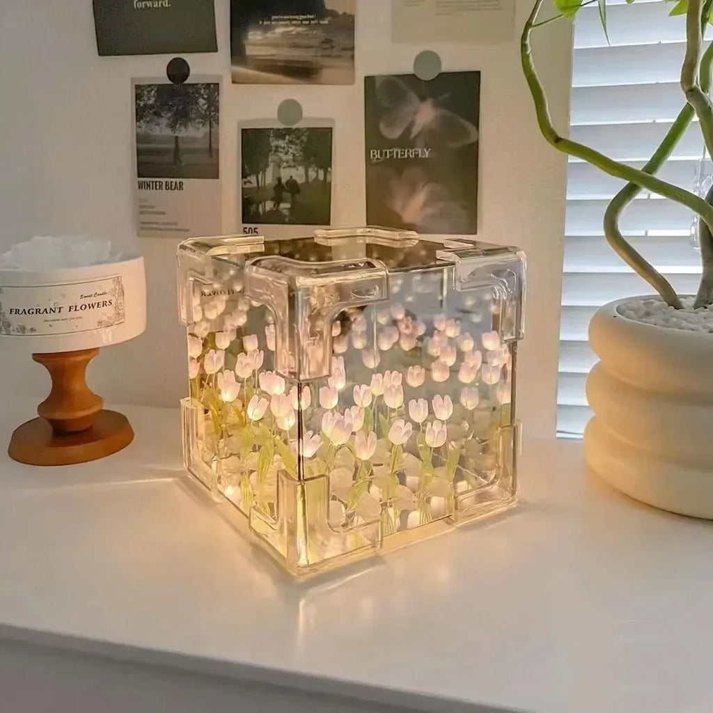 DIY Tulip Flower Cube 3D Glass Night Lamp – 4 Colors DIY Decorative Lamp Qme purple