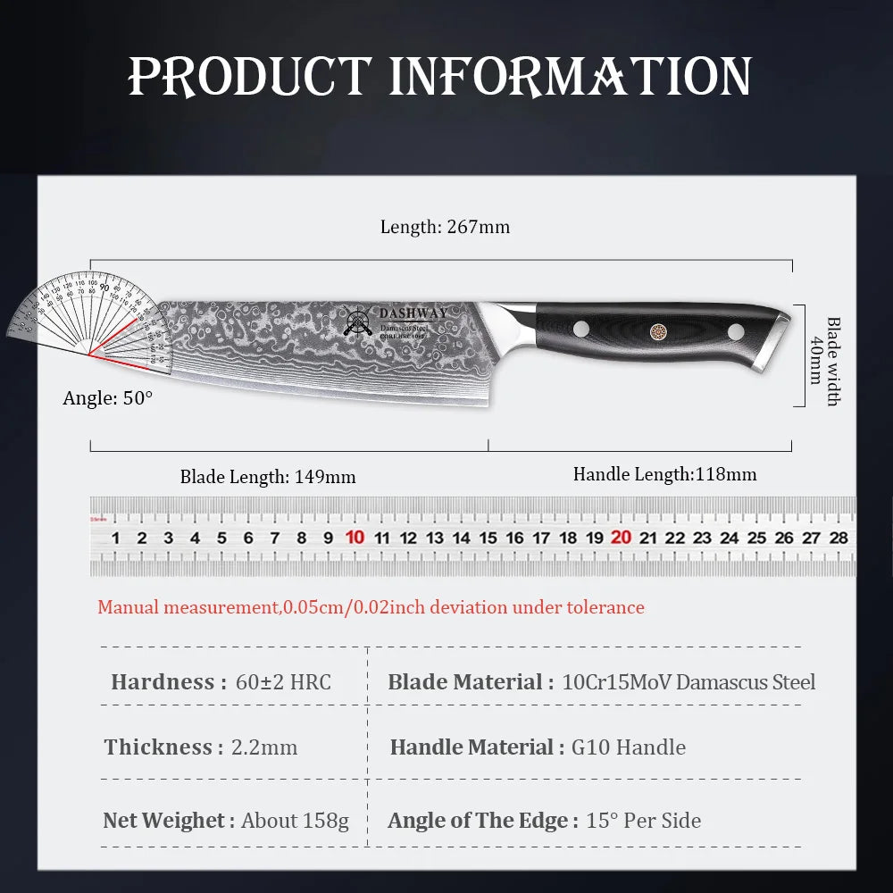 DASHWAY 6-Inch Damascus Steel Bunka Kiritsuke Chef Knife Damascus Chef Knife Qst