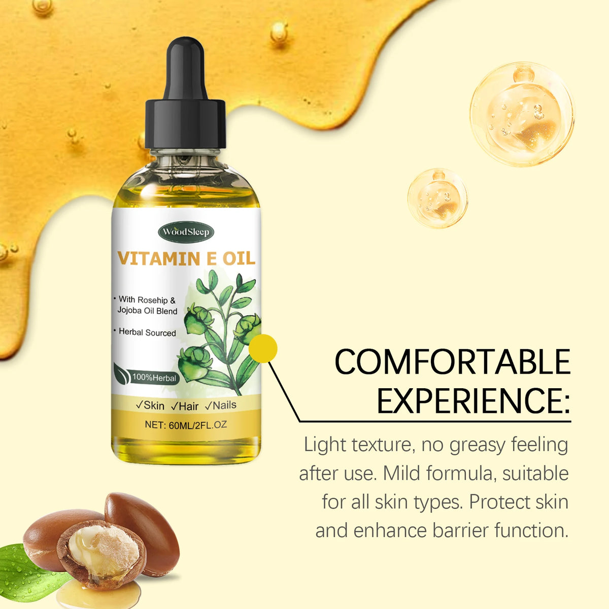 WOODSLEEP Vitamin E Dry Oil 60ml – Skin, Hair & Nail Care Vitamin E Body Oil Qst
