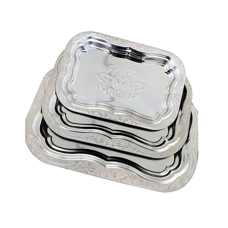 Stainless Steel Rectangular Tray – Embossed Vintage Design Serving Tray Qme