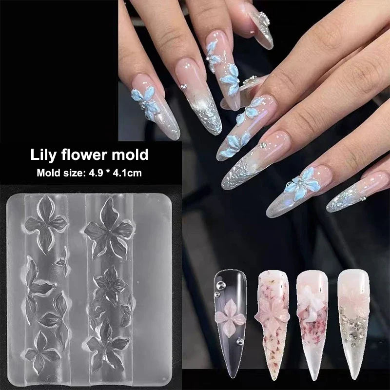 3D Silicone Nail Mold – Lily & Hibiscus Flower Carving Design Nail Art Mold Qme