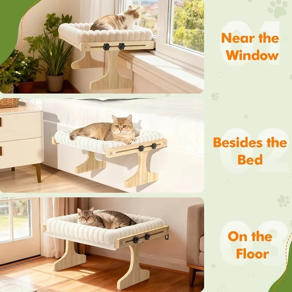 Adjustable Cat Window Perch – Wooden Frame & Detachable Cushion Cat Window Perch Qme